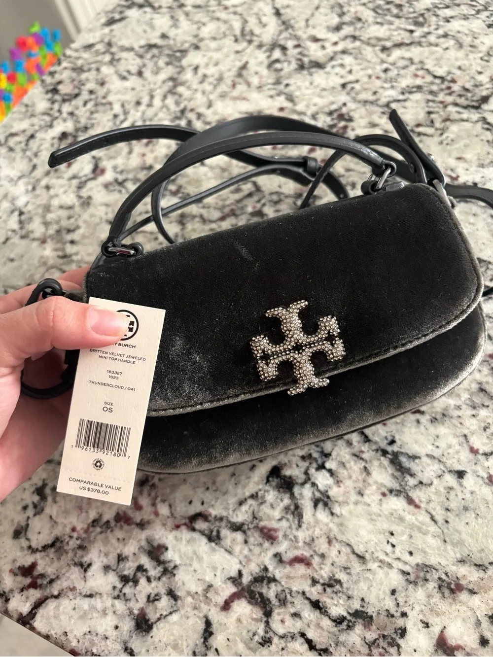 Tory Burch Black Velvet Mini Bag with Crystal Logo